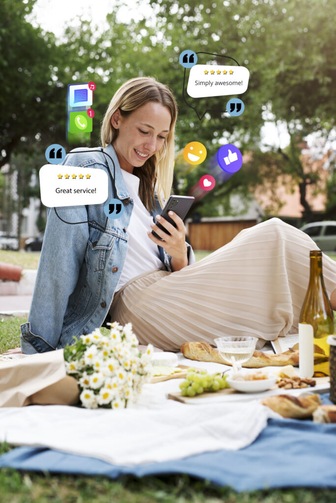 Chica consultando reseñas de un negocio.