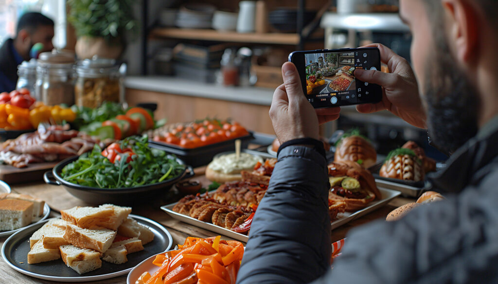 Hombre fotografiando comida en un restaurante para publicarla en redes sociales.