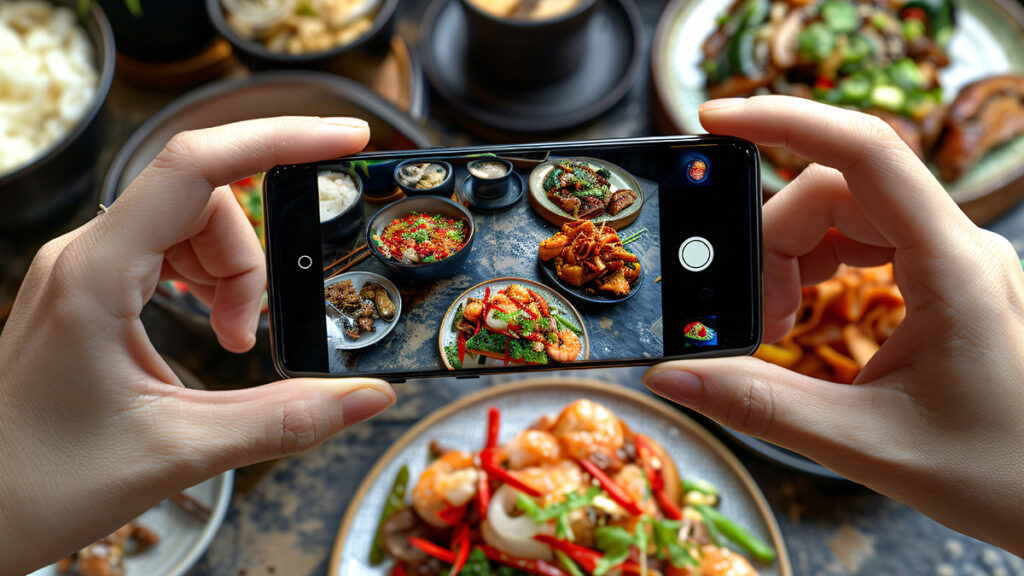 Hombre sacando fotos con el móvil en un restaurante.
