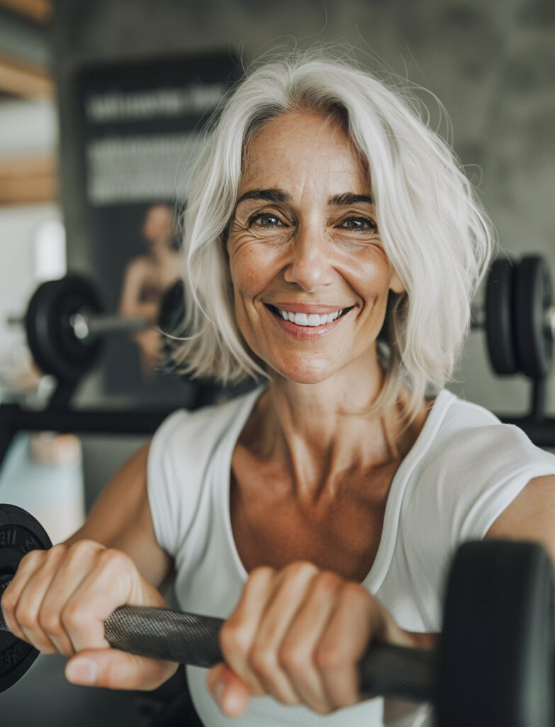 Mujer feliz por haber encontrado un gimnasio a su medida buscando en Google.