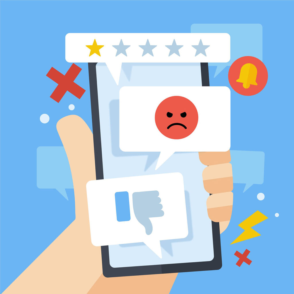 Ilustración que muestra una reseña negativa en Google para un negocio.