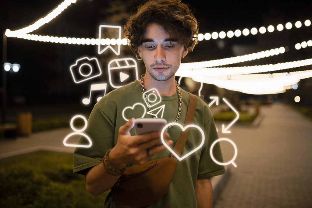 Chico joven usando herramientas para gestionar redes sociales en la calle.
